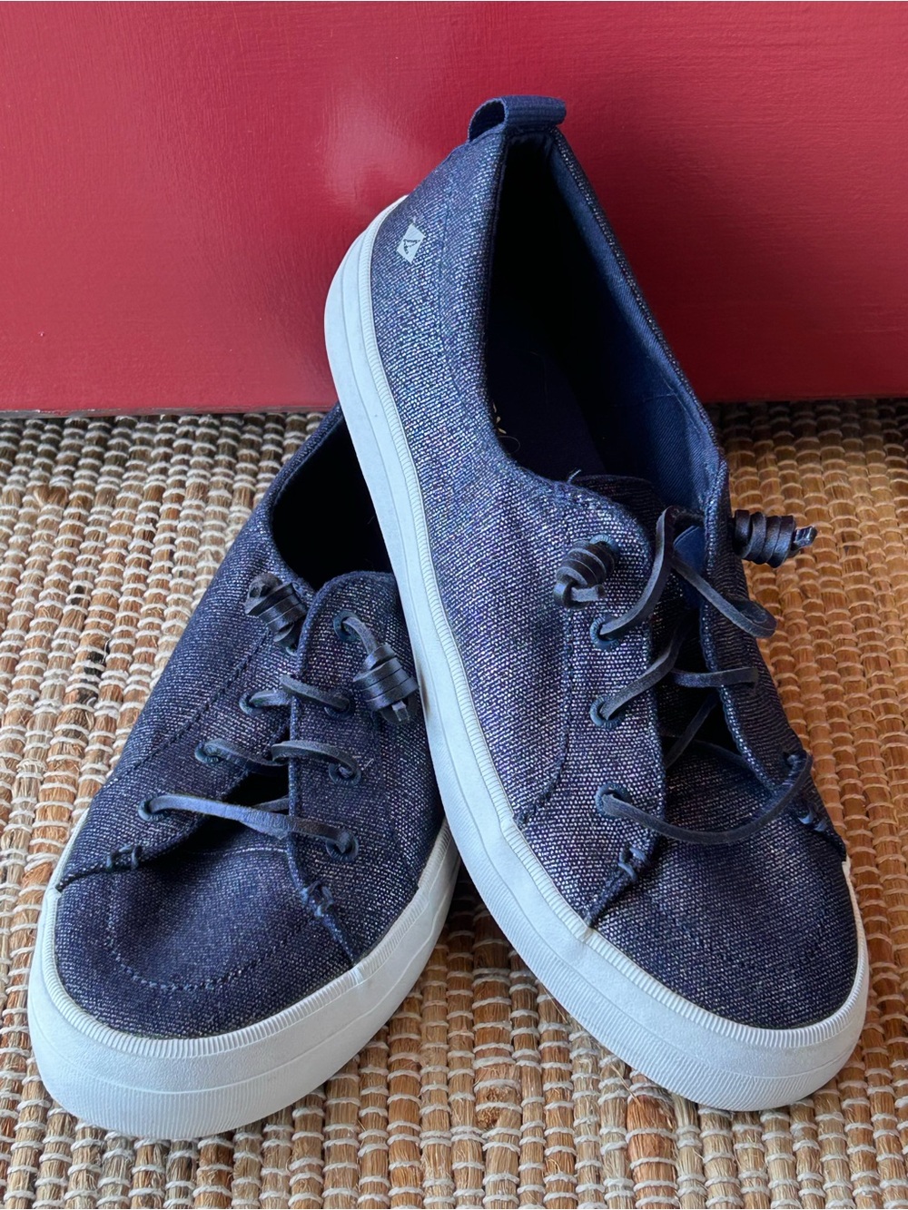 SPERRY s9.5 Navy “Crest Vibe Sparkle Sneakers” slip ons-linen/canvas-look NEW-